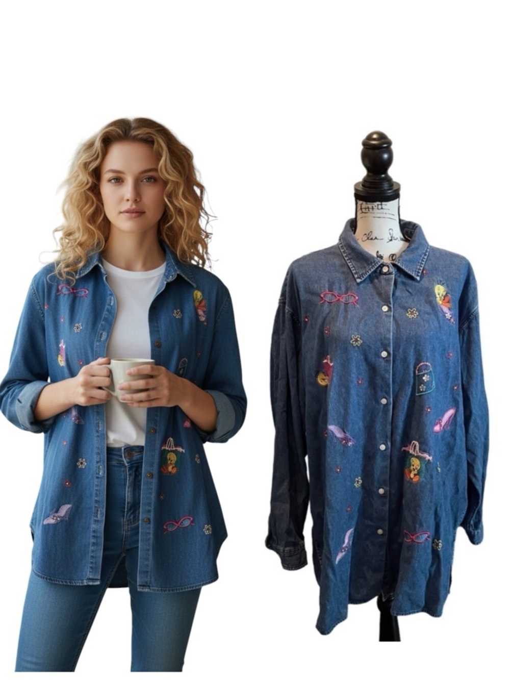 Vintage TWEETY WB Warner Brothers Jean Top button shirt Blue Size XXL Oversized